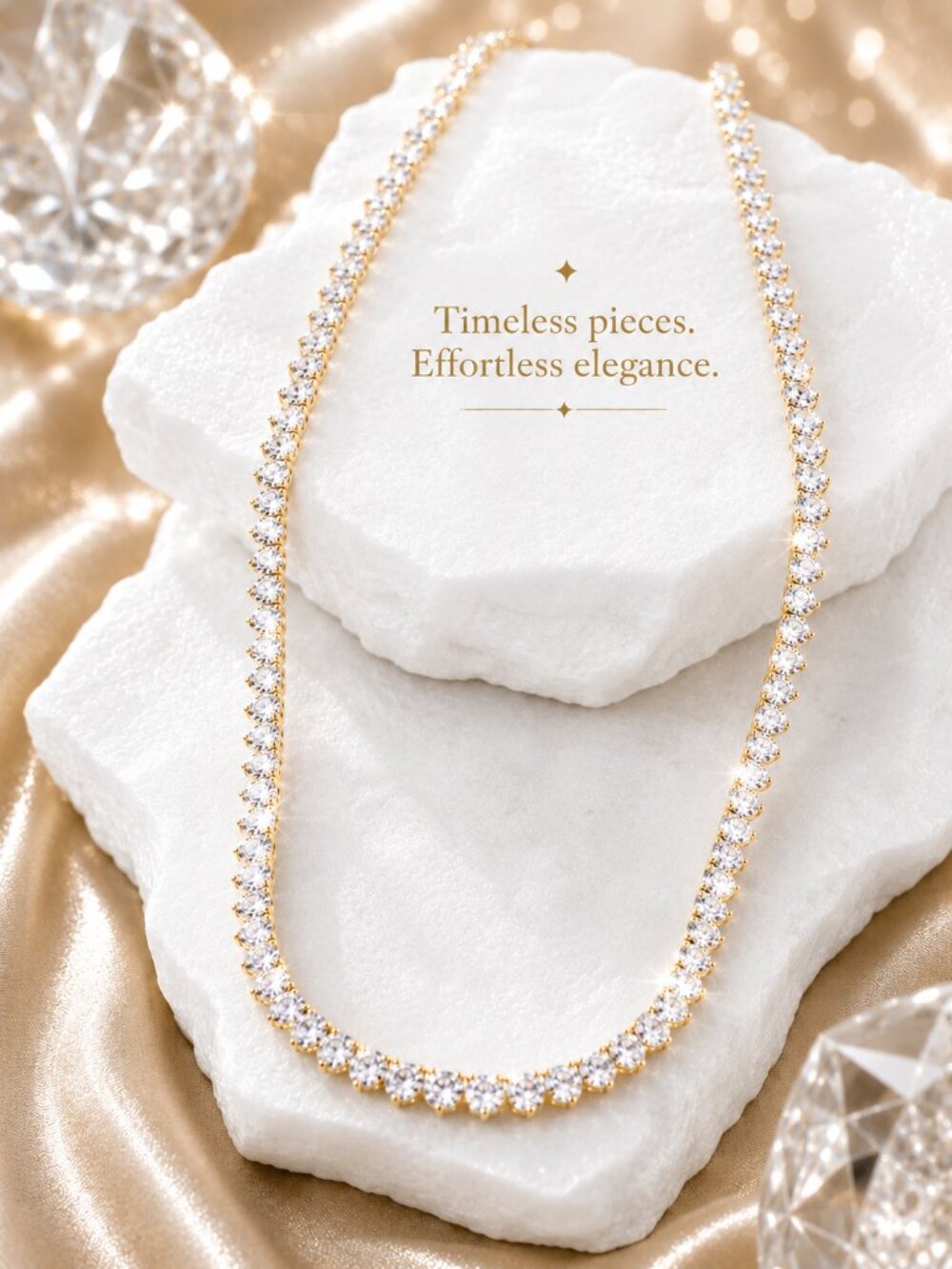 "Timeless Elegance: 3 Prong-Set White Crystal Gold-Tone Tennis Necklace"
